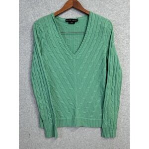 Ralph Lauren Slim Fit Green Cable Knit 100% Cashmere Melange V-Neck Sweater S